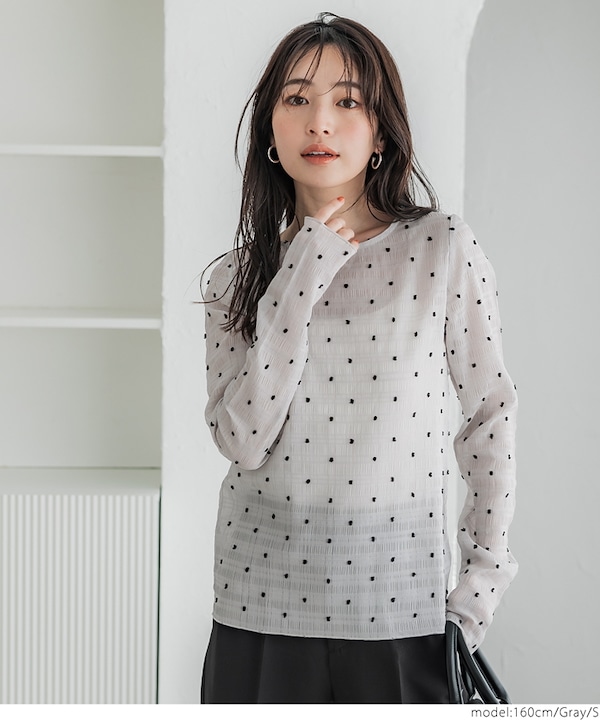 Qoo10 coca シアードットトップス ドット 長袖 刺繍