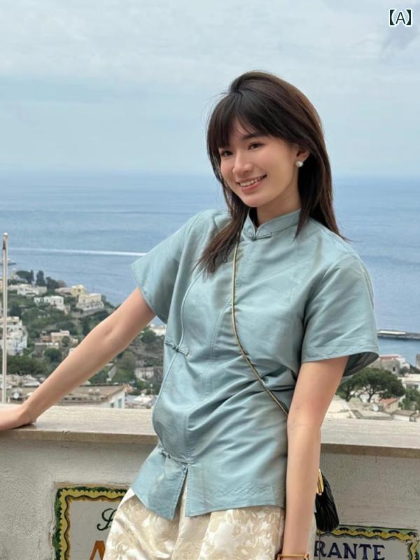 レディース ファッション チャイナ風 シック 美しい 小さめ トップススス 軽量 涼しい ブルー ボタン ダウン 半袖 シャツ 夏
