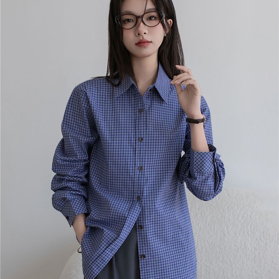 青 チェック シャツ レディース インナー 重ね着 ゆったり カジュアル スタイリッシュ 正肩 miu 系 デザイン性1102
