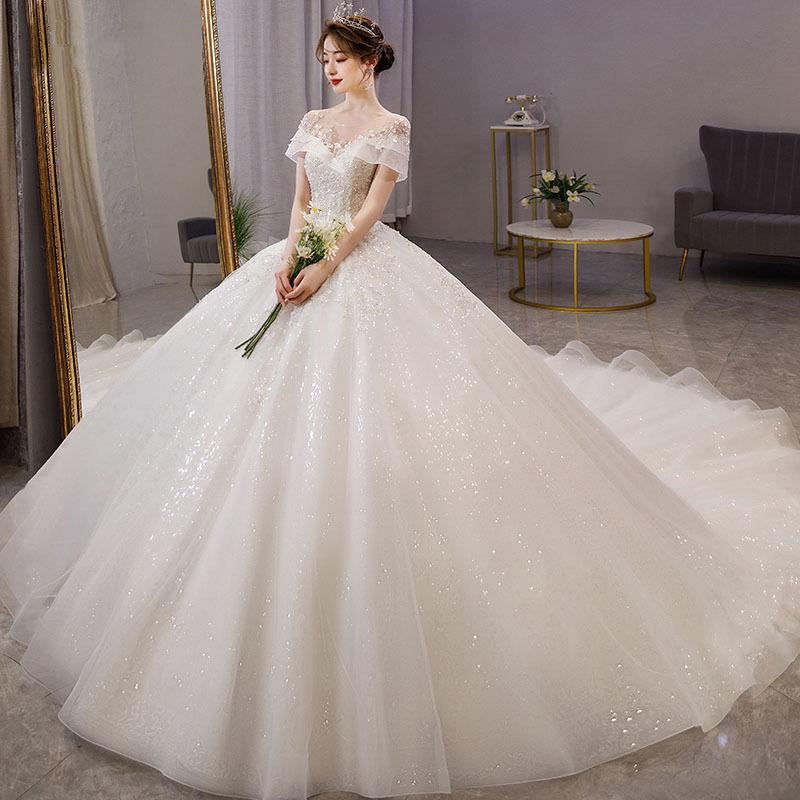 ウェディングドレス 二次会 結婚式 披露宴 ブライダル ロングドレス 半袖 花嫁 ウエディングドレス プリンセスライン オフホワイト 編み上げ ビーズ トレーン
