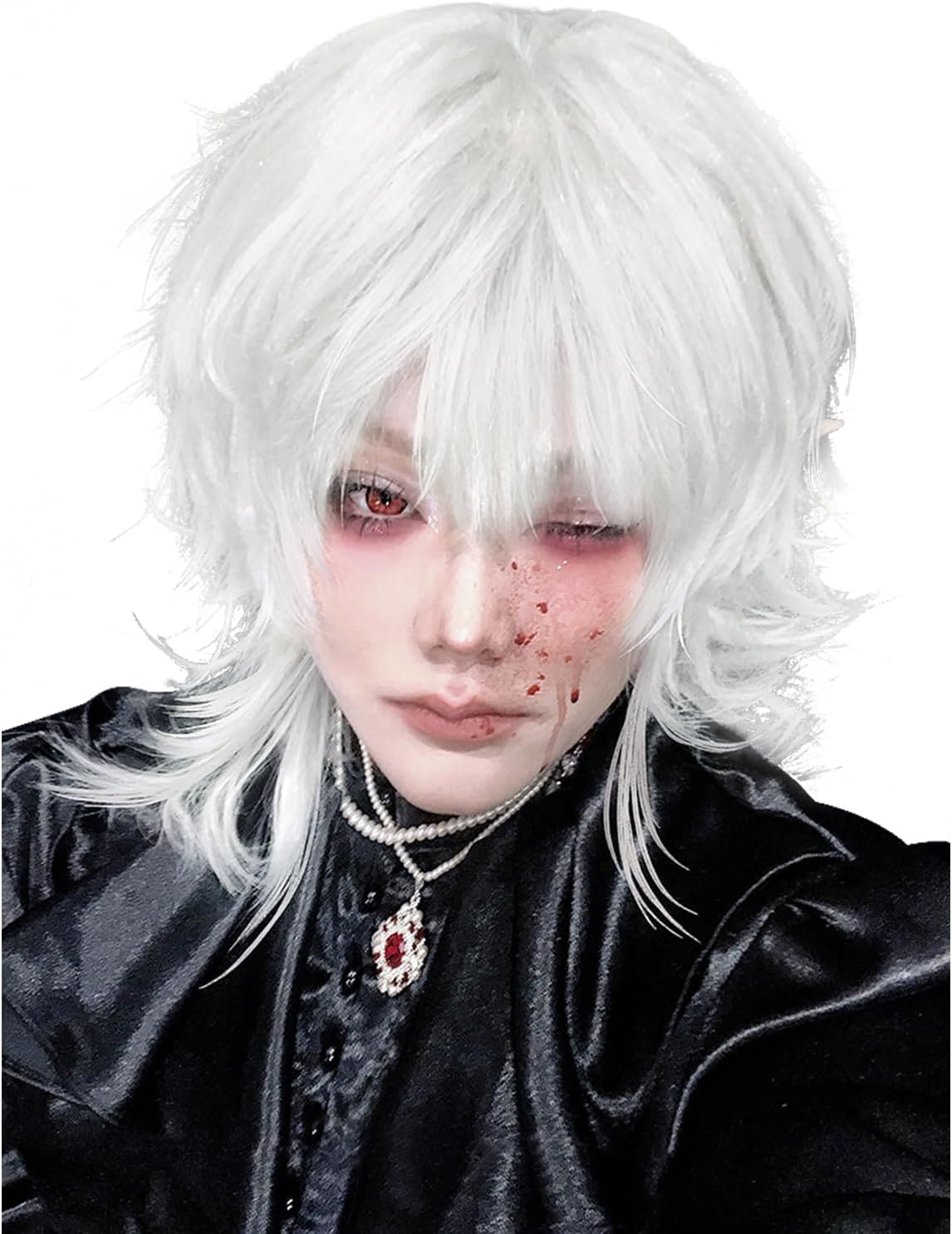 メンズ用ロングウルフカットウィッグ 銀白 小顔効果 レイヤー加工 ウィッグネット付き