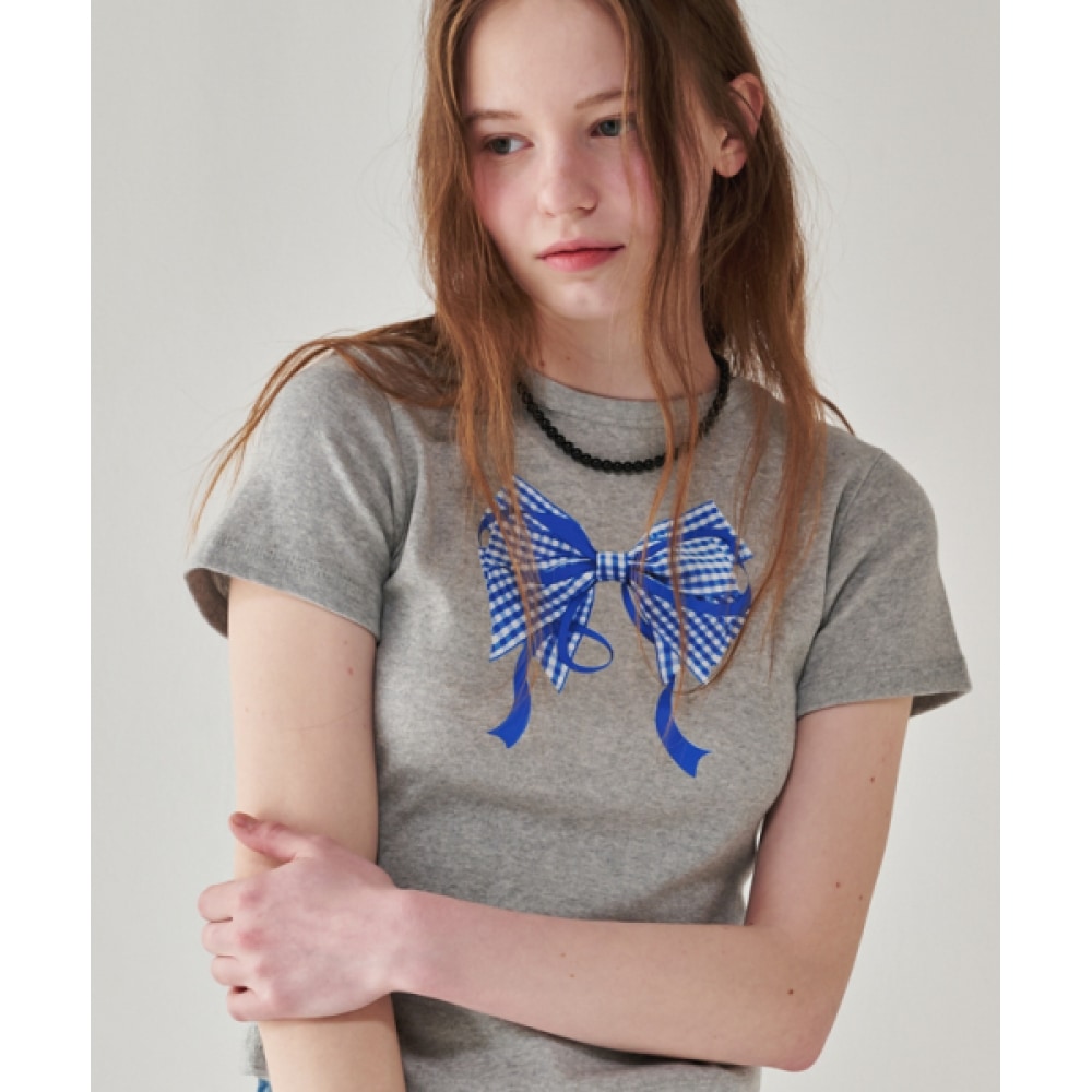 Ronron ギンガムダブルリボンスリムクロップ T シャツグレーブルー