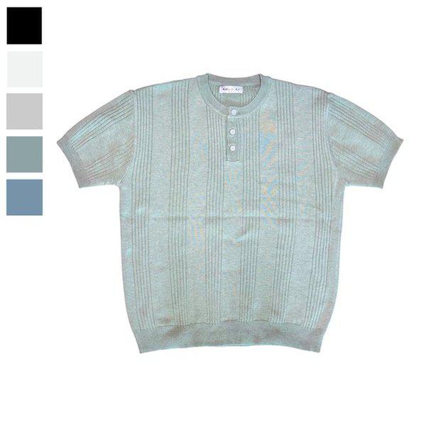 メンズリブ編みヘンリーネック半袖ニットTシャツ RB-KNH-Q093-カーキ