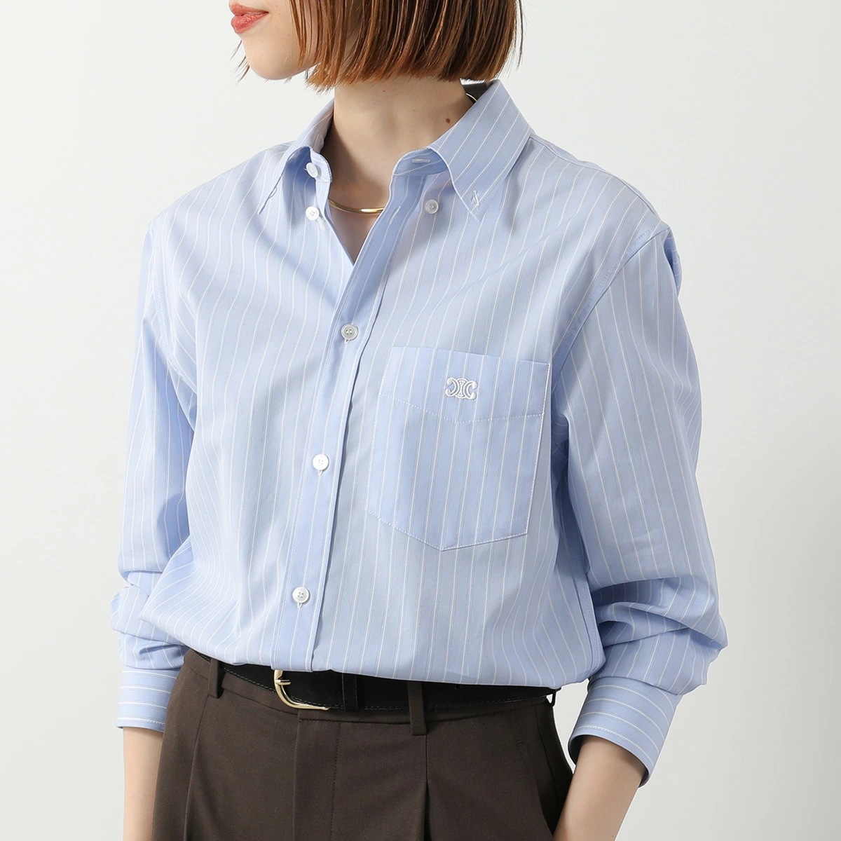 CELINE セリーヌ リラックスシャツ 2C16B0759.07SX レディース 長袖 ブラウス ストライプ 胸ポケット トリオンフ刺繍 コットン ライトブルー
