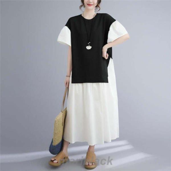 【即納】マキシワンピース 春夏 ワンピ ロングワンピース レディース ドッキング 体型カバー チュニック 綿 ゆったり レトロ バルーンスリーブ おしゃれ 40代