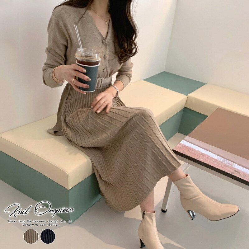 お財布に優しいレディース ニット ワンピース Free 長袖 Vネック アクリル Aライン 高見え エレガント 上品 きれいめ ママコーデ 20代 30代 40代 50代 バレンタイン プレゼント