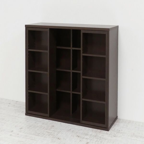 深型スライドシェルフ(CDラック/本棚) ダークブラウン 約幅90cm 前面スライド式 連結金具付き (組立)