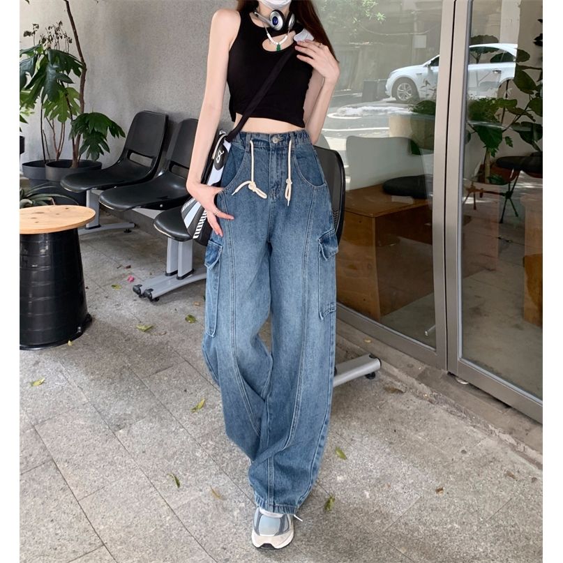 大きいサイズ ジーパン レディースファッション カーゴパンツ 春秋 ハイウエスト ストレート ワイドパンツ 5,629円