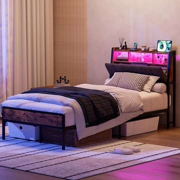 ベッドフレーム ファブリックベッド収納宮棚付き パイプベッド シングルベッド スチールベッド 2段階高さ調整 布張り 静音 通気性 頑丈 カビ防止 安定性 (ビンテージ, シングル)