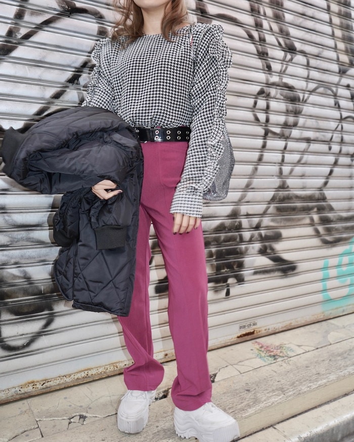 Houndstooth Frill Sleeve Top A,D,G レディース トップス