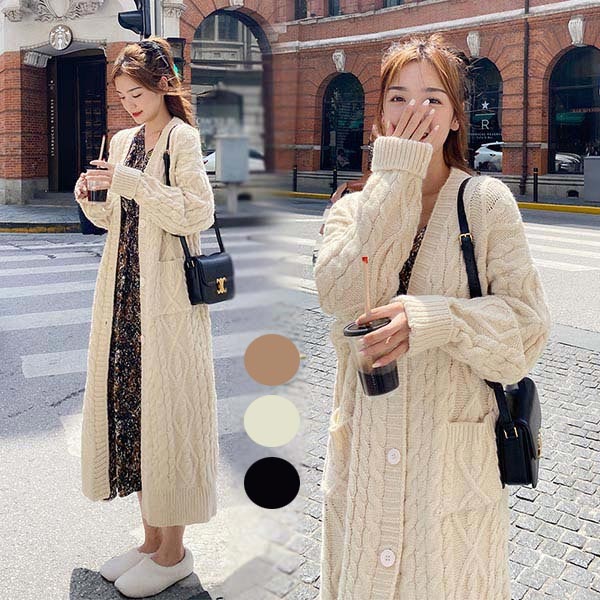 【激安開催！】超ロング カーディガン ざっくり ニット ケーブル編み セーター レディース ゆったり きれいめ 秋冬 暖かい 厚手 ニット 前開き ボタン付き アウター 長袖 おしゃれ かわいい 黒