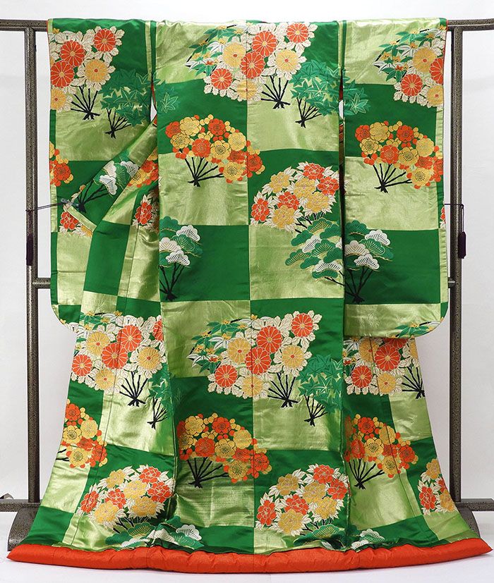 色打掛 正絹 四季花模様 打掛 花嫁衣裳 婚礼 リサイクル 中古 ブライダル ウエディング 着物 e3159