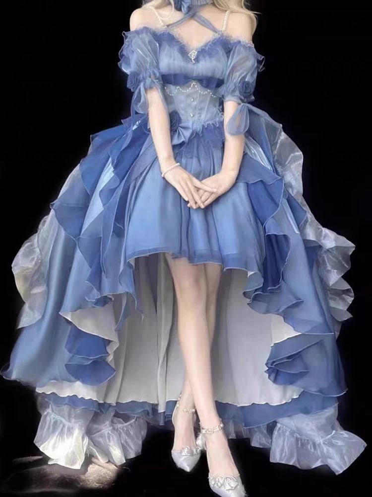 アンダーシーブルーショートローズウェディングドレスロリータバレエスタイルウエスト痩身重工業トレーリングふわふわプリンセスドレス