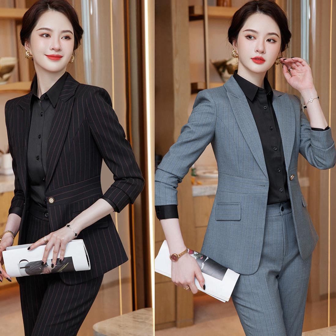 【2枚購入で100円OFF】春秋物　ビジネススーツ　コート　ズボンスーツ　レディース　通勤　オフィス　トップス　制服　事務服　洗える　細身　就活　面接　大きいサイズ　　長袖　 ストライプ　縞　ポケット