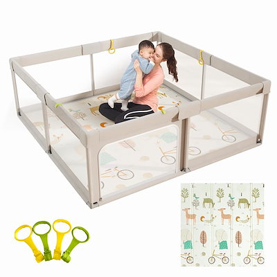 他サイト： Mloongベビーサークル プレイマット付き 大きめ 赤ちゃん ベビーマット ベビーフェンス 150x150x65cm ベビー プレイヤード サークル 扉付き 日本育児 子供遊び用の商品画像