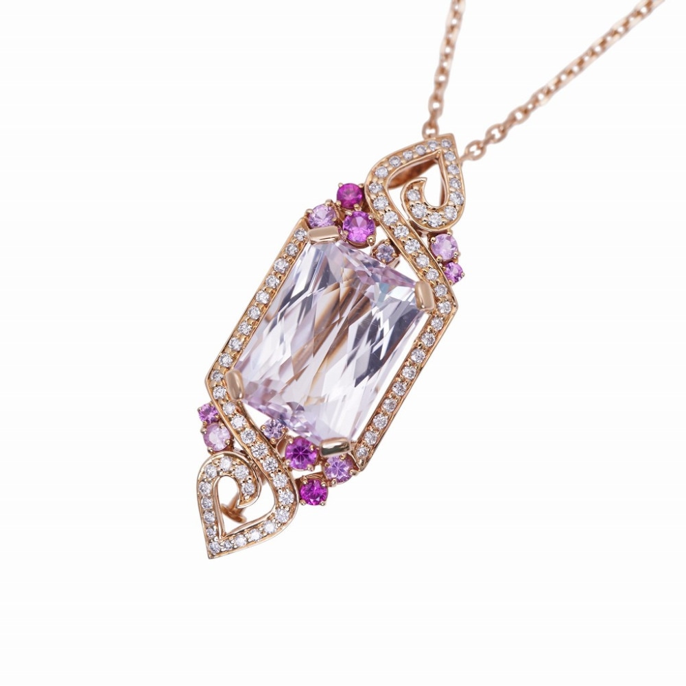 新品同様 ペンダント ネックレス ブローチ クンツァイト14.25ct / サファイア0.80ct / ダイヤモンド0.57ct ネックレス K18ピンクゴールド/クンツァイト/サファイア / ダ