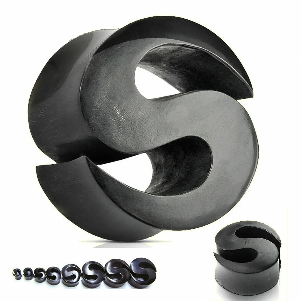 金属アレルギー対応 ボディピアス 25mm Sトライバルホーンプラグ 英語 エス 25ミリ ダブルフレア ブラック 黒色 バファローホーン 水牛の角 男性 女性 プレゼント s-hpl25