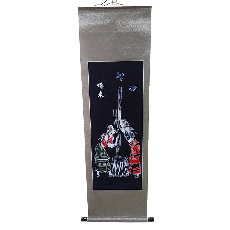 Chinese Painting Style Wall Decor Hanging Scroll Batik Tapestry Mortar Rice Wa Ethnic Girls 140x80cm