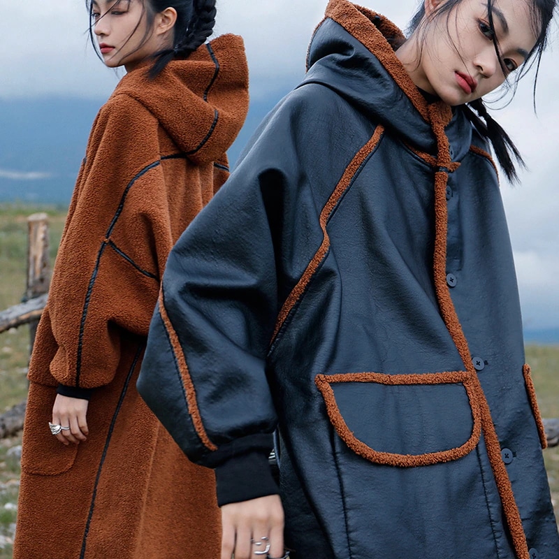 ロングコート リバーシブル ムートンジャケット 2WAY ゆったりフィット オーバーサイズ PU ライダースジャケット レディース 防寒 アウター 切り替え 秋冬 ファッション