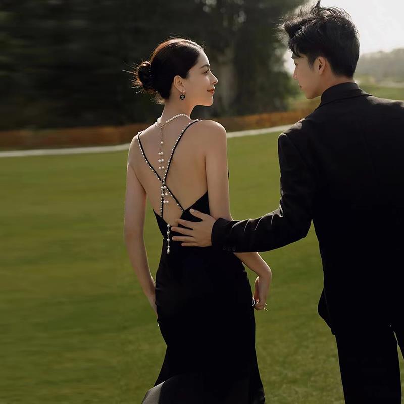 パーティードレス ウエディングドレス ブラック 海外挙式 前撮り 後撮り 背中開き 撮影 新婦 結婚式 二次会 披露宴 エンパイア フォトウエディング シンプル 花嫁ドレス レース