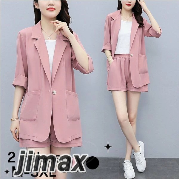 セレモニースーツ セットアップ レディース カジュアル 夏 40代 50代 セットアップ レディース パンツスーツ 夏 ジャケット ブレザー 上下セット 2点セット スーツ 半袖 オフィス おしゃれ