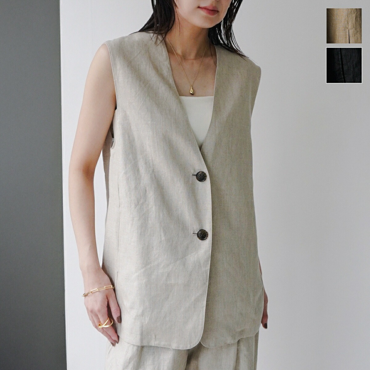 CLOCHE クロシェ ベスト 512-85562 レディース ジレ リネン ノースリーブ Vネック セットアップ可能 カラー3色