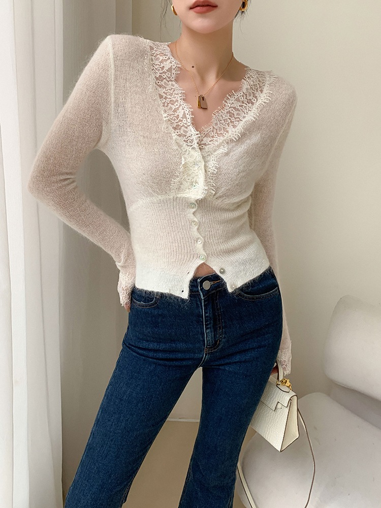 レース エッジ ニット カーディガン レディース 秋 冬 タイトフィット スリム ボトムス インナートップ ホワイト ＳＭＬXL トップス 袖あり かわいい 大人可愛い きれいめ シンプル カジュアル