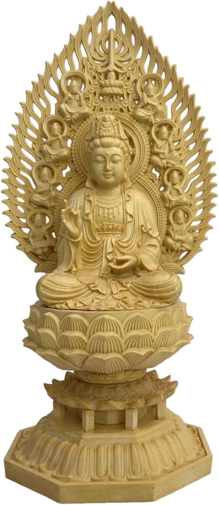 仏像 飛天光背 八画台座 木彫り 座像 仏壇 置物 彫刻 仏具 厄除け(観音菩薩)