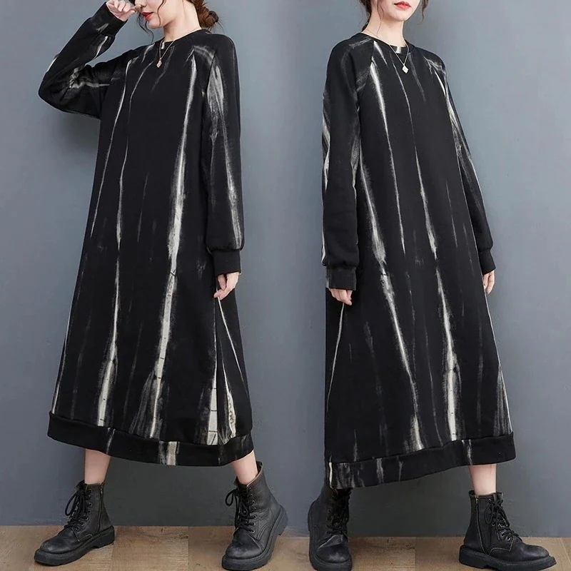 「ファットガール」 柄ワンピース ゆったり 大きいサイズ ポケット付き プリント柄 大きい裾 レディース ロングワンピース メガ割30%までに制限