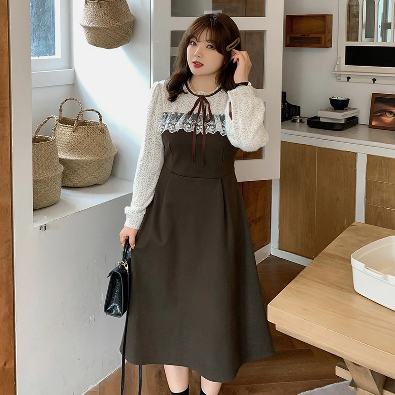 在庫僅少２L～4L大きいサイズ ワンピース ワンピ レトロ お嬢様 学生風 クラシカル ロリータ ゴスロリ コスプレ 制服 イベント 衣装 インスタ 撮影 アイドル 韓国バイカラーレース切り替え