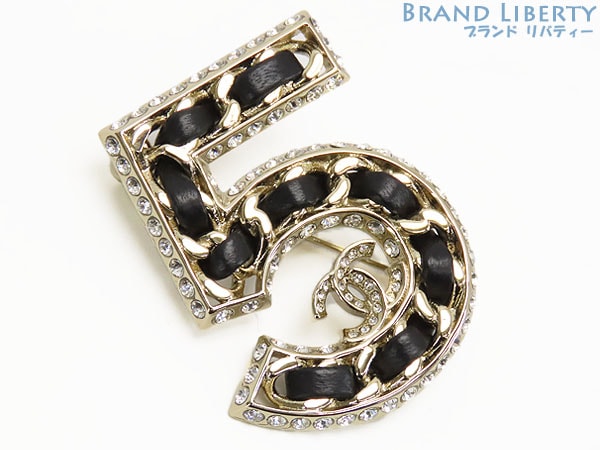 新古品シャネルココマークNo.5チェーンモチーフストラスラインストーンブローチコサージュシャンパンゴールドブラックABA170