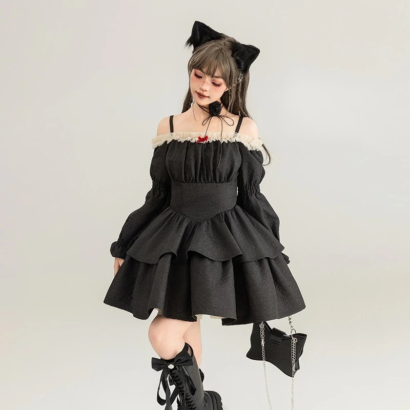 ブラックサスペンダードレス 2024春夏 甘辛ワンショルダーウエスト着痩せ ふくらみプリンセスドレス 6,361円