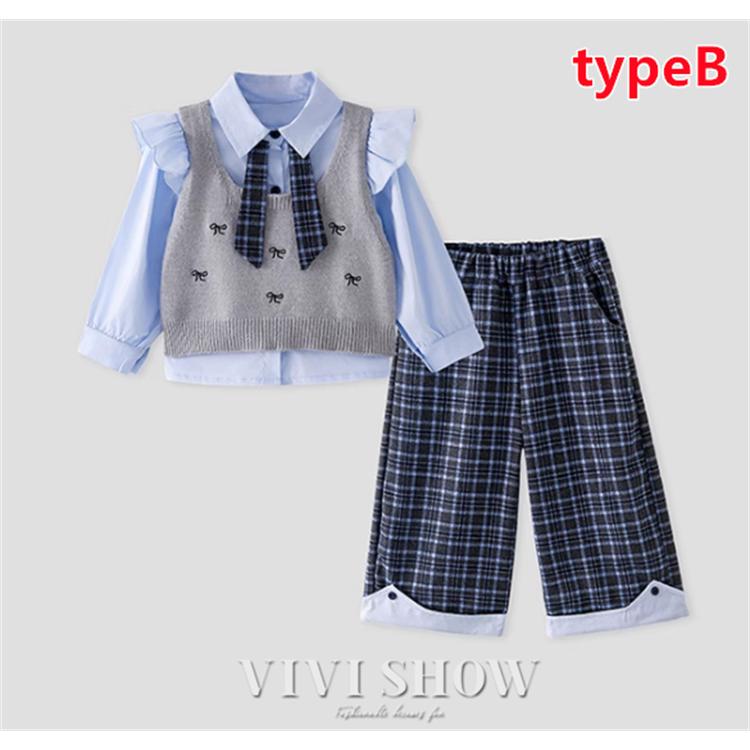 【SNS大人気】子供服 女の子 セットアップ 長袖 ストライプ シャツ+ベスト+パンツ 3点セット 卒業式 発表会 音楽会 キッズ 入学式 女の子 vivishow