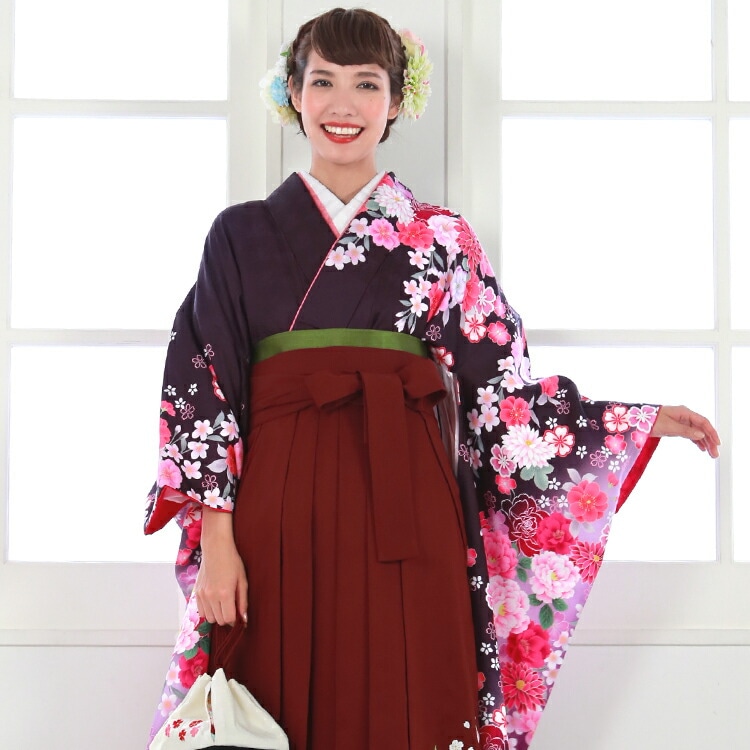 レンタル卒業式 袴 レンタル 女 袴セット 女 卒業式袴セット 振袖 着物＆袴 フルセットレンタル 安い 濃紫地に赤紫ぼかし 牡丹 桜 菊 バラハカマ はかま rental