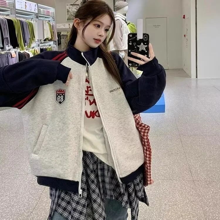 アメリカンレトロスタイルのレディースジャケット春と秋の高級パッチワークラグランスリーブスウェットシャツカーディガン万能スタンドカラートップ