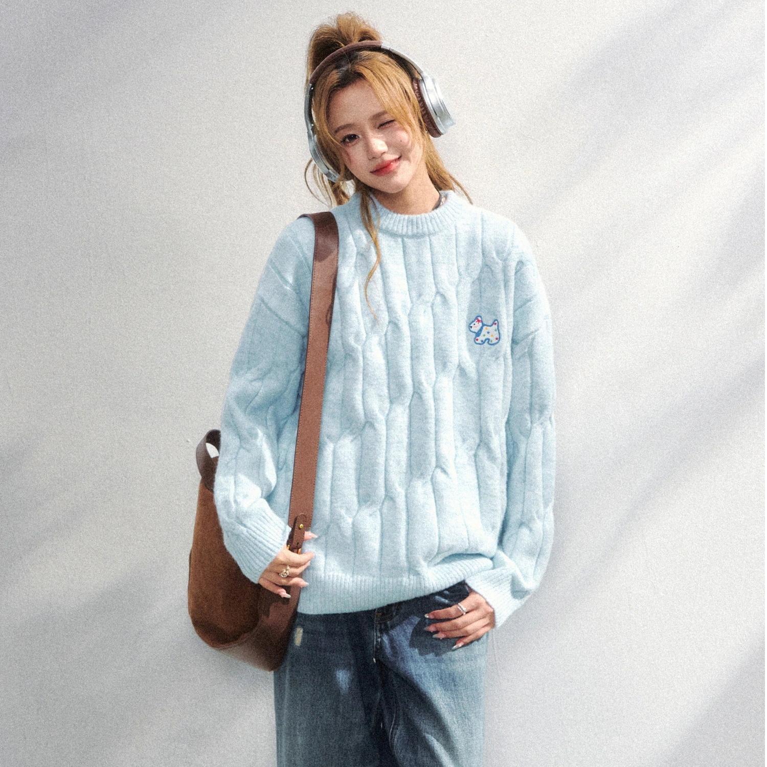 【自社生産 】ニット レディース ケーブル編み セーター 犬 刺繍 ワンポイント2026 秋冬 厚手オーバーサイズ ゆったり ビッグシルエット プルオーバースクールプレッピースタイル韓国女子ファッショ