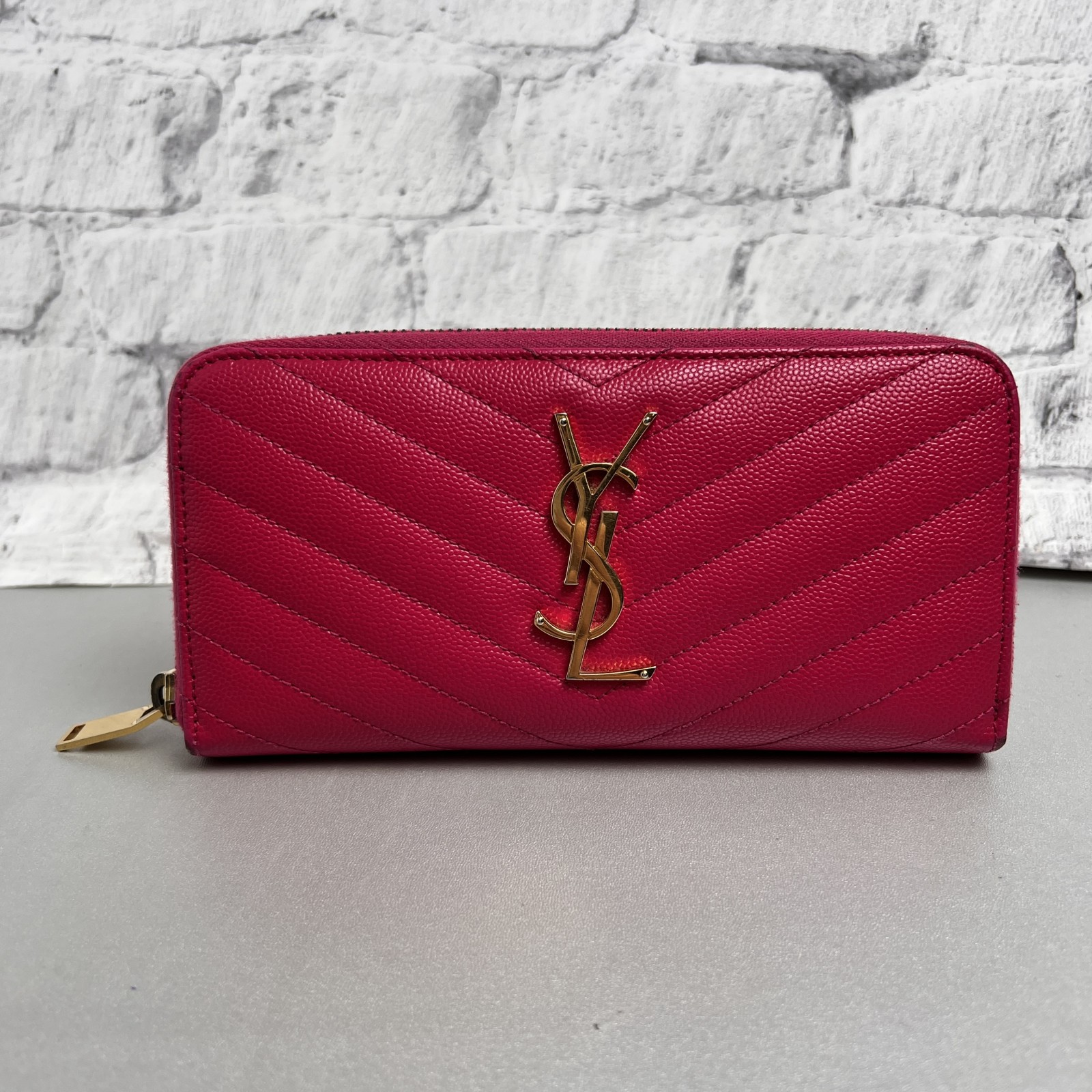 SAINT LAURENT サンローラン Vステッチ マテラッセ レザー 長財布 ピンク A-14098