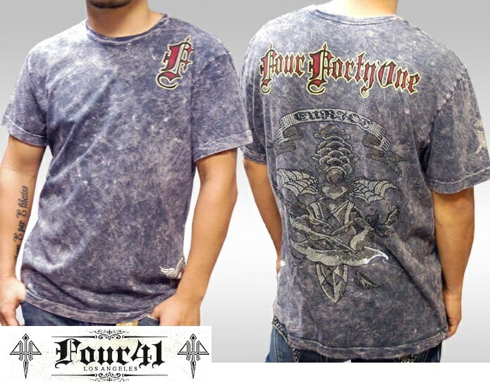 Four41 Los Angeles フォーフォーティーワン メンズ ラインストーン Tシャツ ローズダガー グレー M-31 スワロフスキー インポート セレブ ブランド ストリート LAセレブ セ
