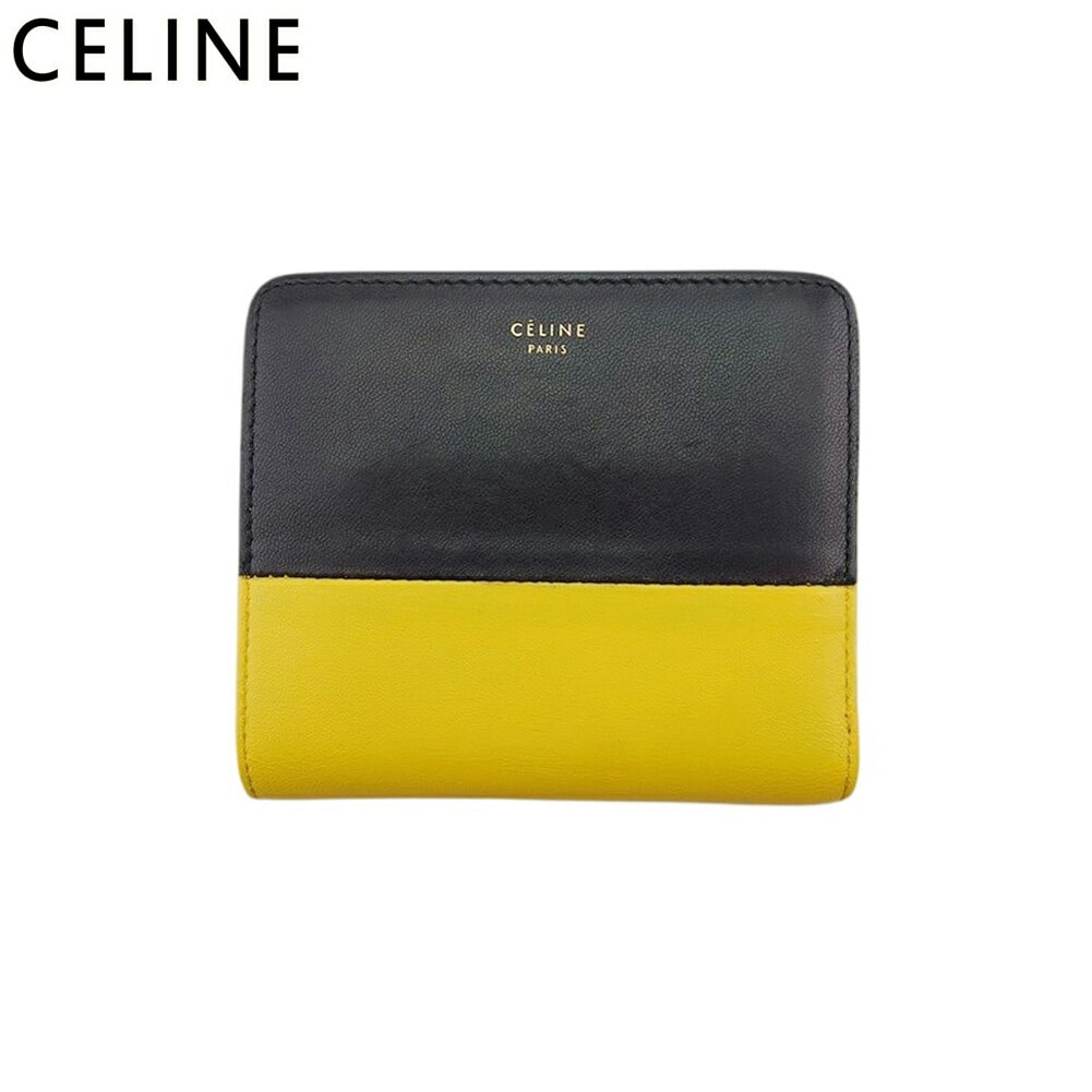 二つ折り 財布 ファスナー付き バイカラー レディース メンズ ロゴ イエロー ブラック ゴールド 中古
