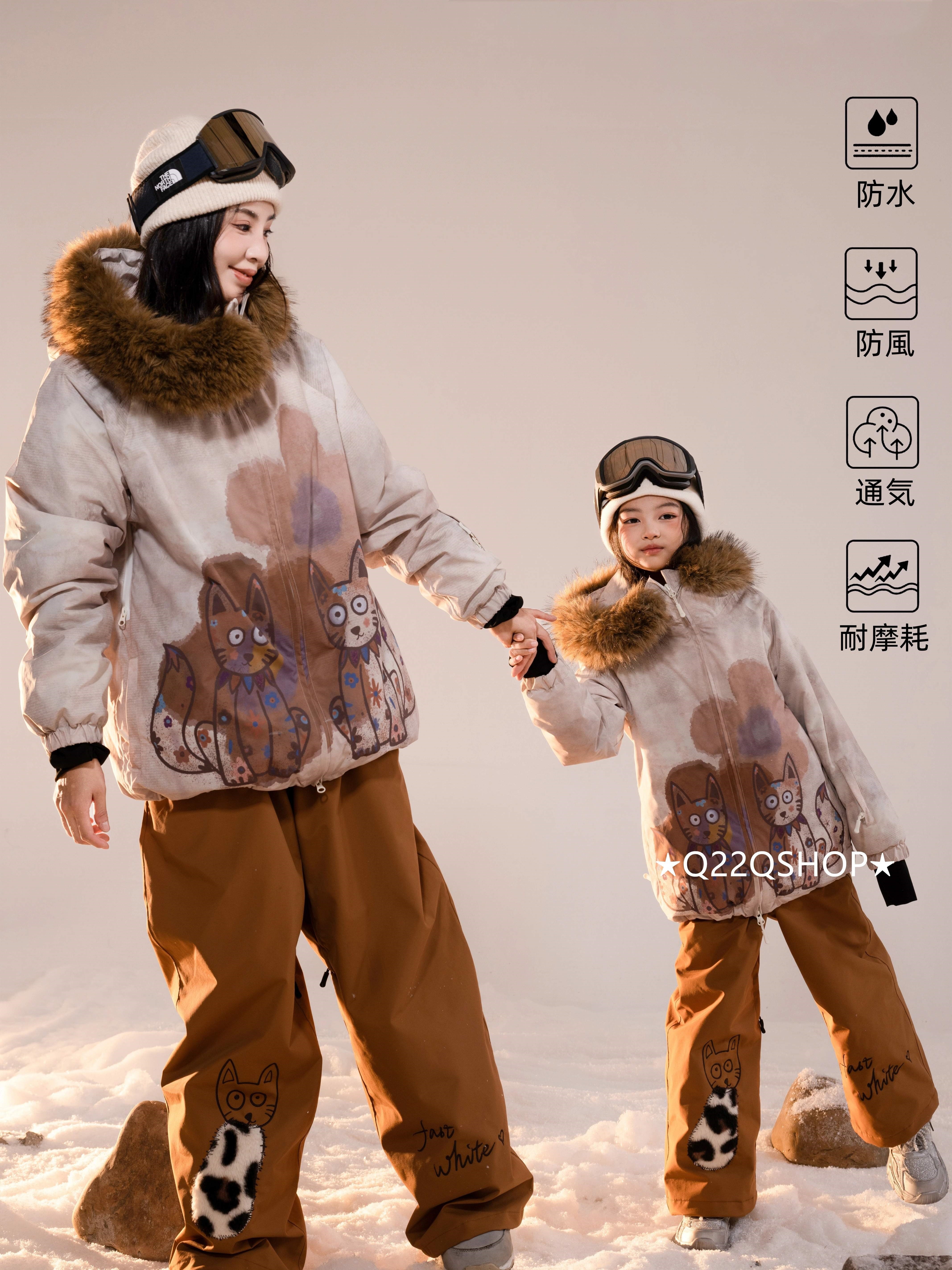 スノーボードウェア 2025 2026 上下セット キッズ 子供 男の子 女の子 メンズ レディース ジャケット パンツ ズボン 猫柄 可愛い 3L 韓国風 スノボウェア スノーウェア スキーウェア