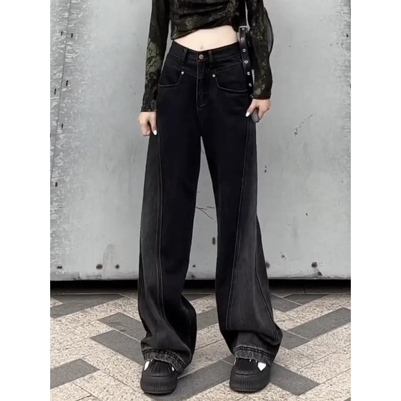 女性用黒とグレーのワイドレッグジーンズストレートレッグスリムハイウエスト5年春秋の新デザインニッチフロアモップパンツ
