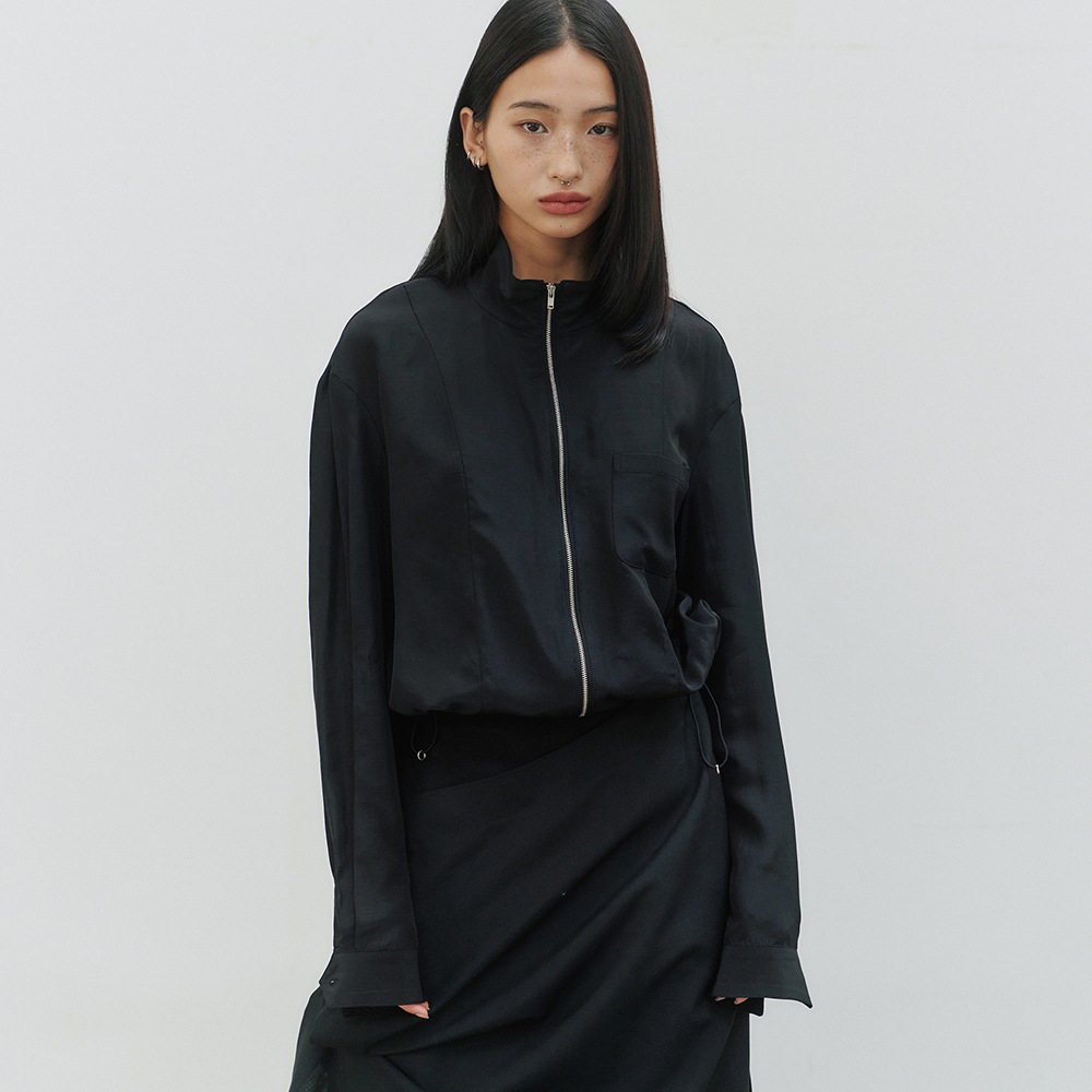 【NOIER 】 SHIMMER TENCEL ZIP-UP SHIRT : BLACK