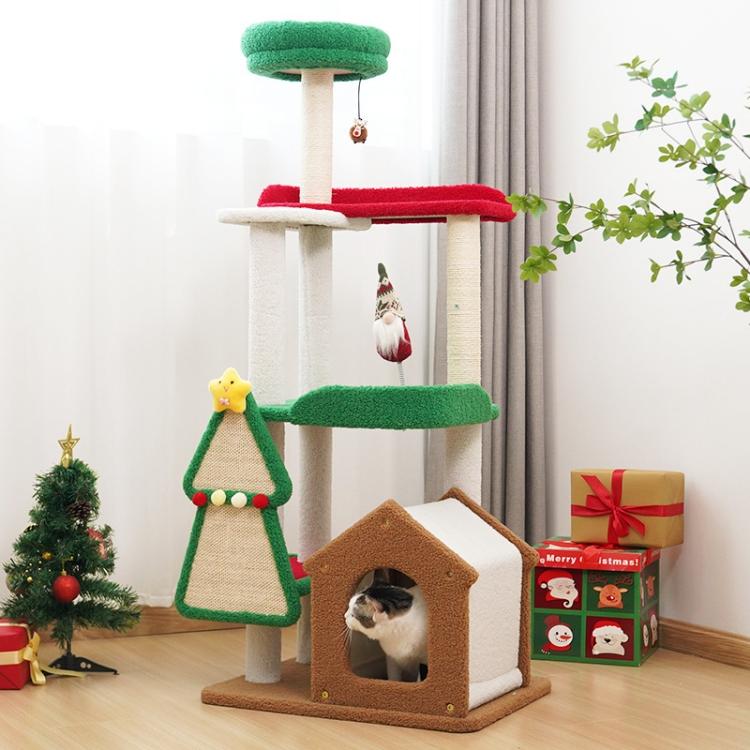 キャットタワー 据え置き クリスマス レッド キャット かわいい ふわふわ 猫タワー 置き型 おしゃれ シンプル 猫ツリー 省スペース 爪とぎ 多頭飼い 運動不足 3