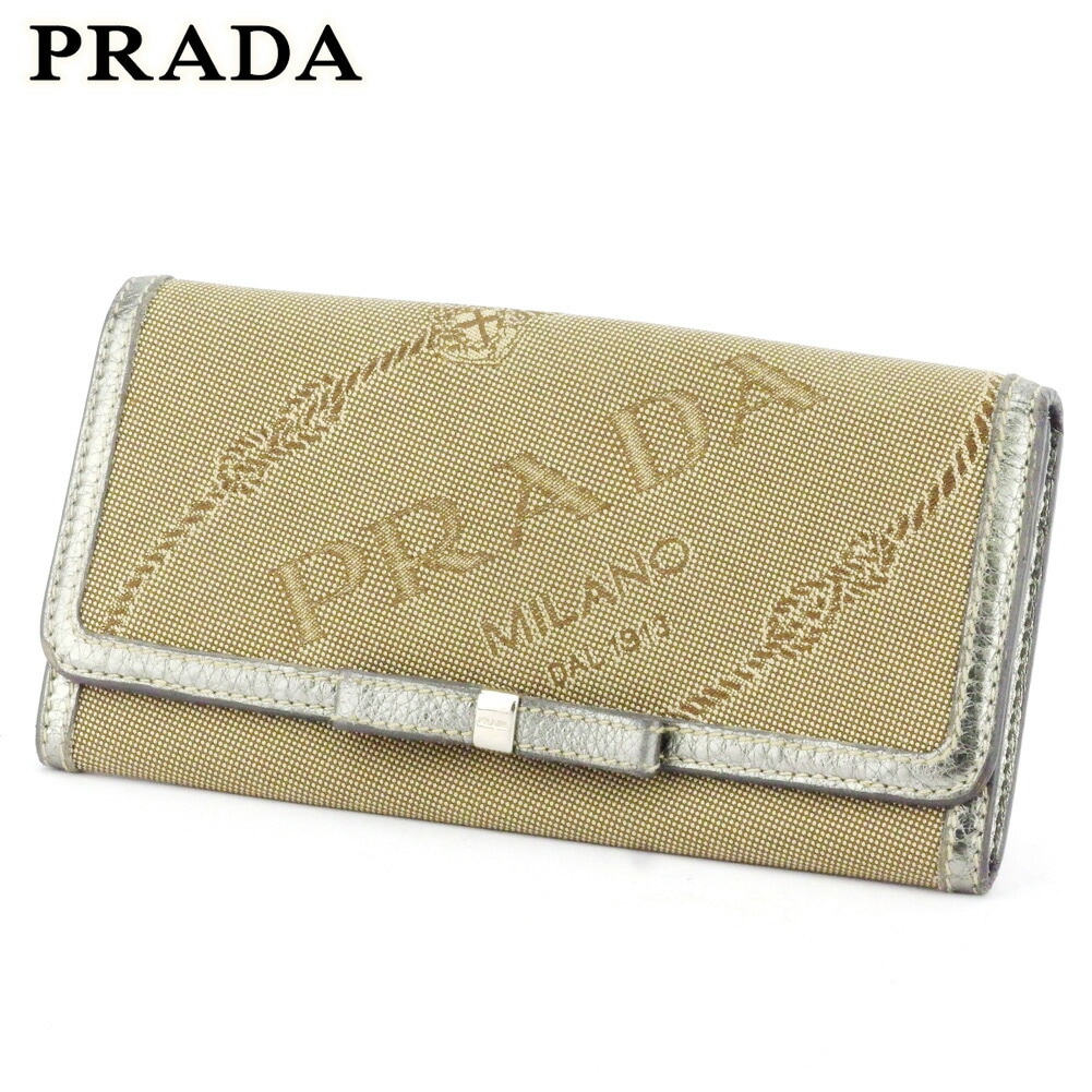 長財布 ファスナー付き 財布 カナパ リボンモチーフ ベージュ ブラウン シルバー 中古