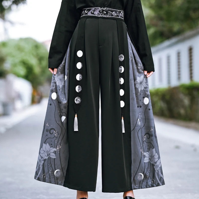 チャイナ風 ワイドパンツ レディース 柄パンツ 切り替え ボトムス ハイウエストズボン 黒 ピンク 母の日-0000647