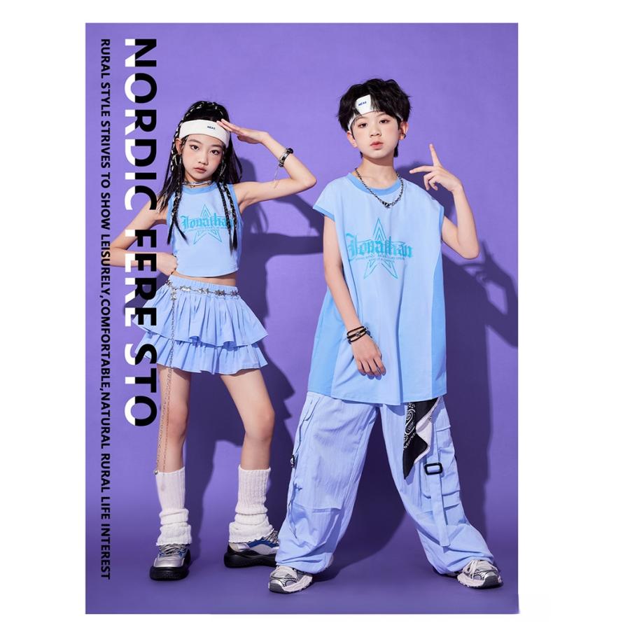「新品」48h激安挑戦ダンス 衣装 韓国 キッズ 夏 スプライシング トップス スカート セットアップ ジャズダンス へそ出し ヒップホップ 応援団 HIPHOP 練習着