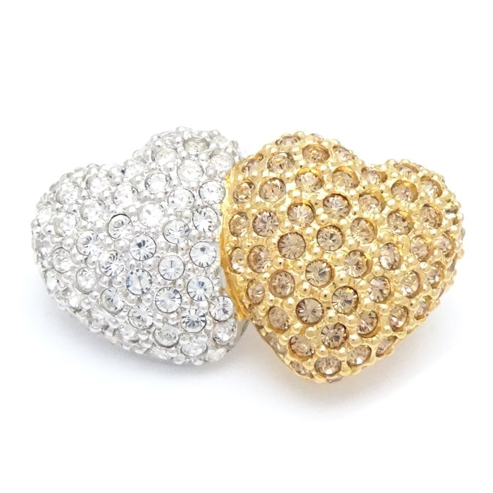 ダブルハート ブローチ クリスタル ゴールドメッキxシルバーメッキ /291173【中古】