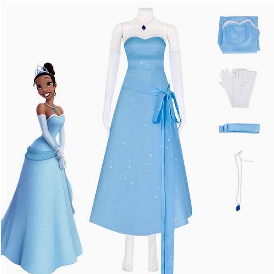 ディズニー プリンセスと魔法のキス ティアナ ドレス 大人 コスプレ衣装 ネックレス＋手袋付き ブルー 青 プリンセス 衣装 コスプレ コスプレ服 コスチューム アニメ ハロウィン クリスマス