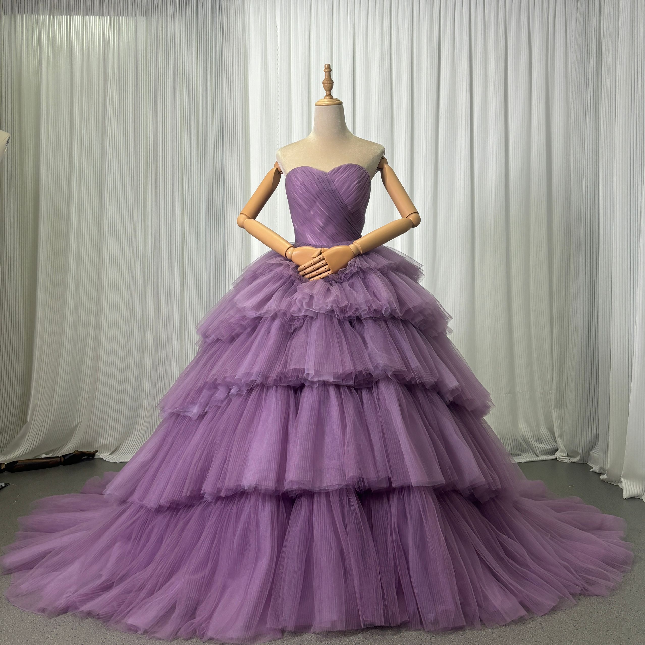 カラードレス パープル スリット ティアードのドレス 編み上げ ビスチェドレス 結婚式