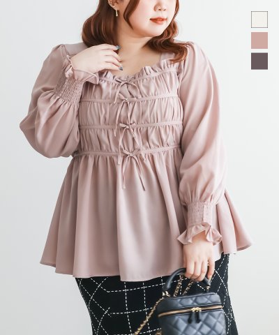 大きいサイズ レディース LL 3L 4L XL XXL XXXL CLETTEオリジナルギャザーリボンデザイン長袖ブラウス